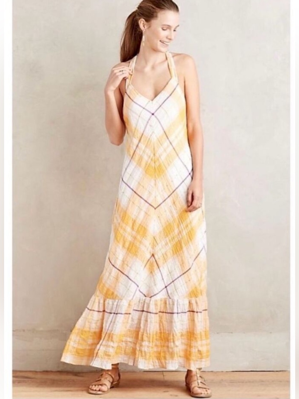 HOLDING HORSES Marigold Yellow and Cream Plaid Halter Maxi Dress size S